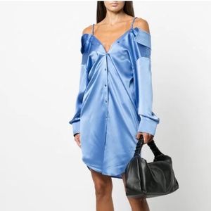 Wang Long sleeve silk satin short dress in blue.